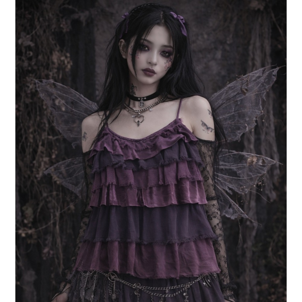 Vtg Y2K Cami Tank Top M Purple Ruffle Tiered Fairy Grunge Coquette Chiffon Party